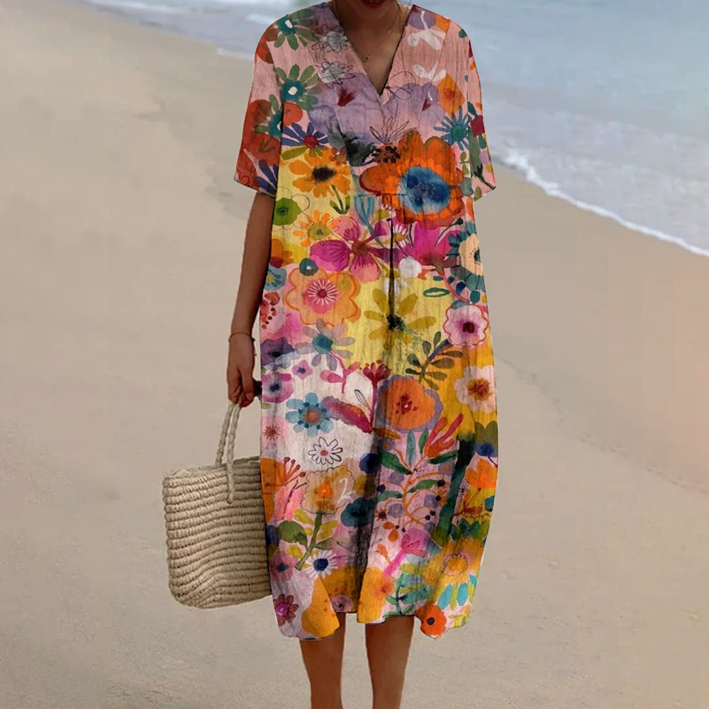 Women's Bohemian Floral Art Print Cotton And Linen Dress