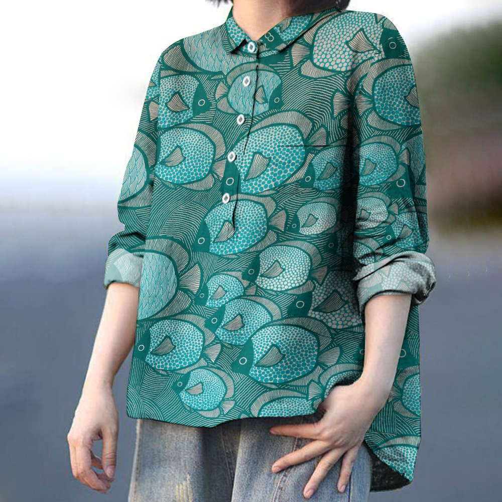 Women's Fish Print Casual Cotton And Linen Shirt