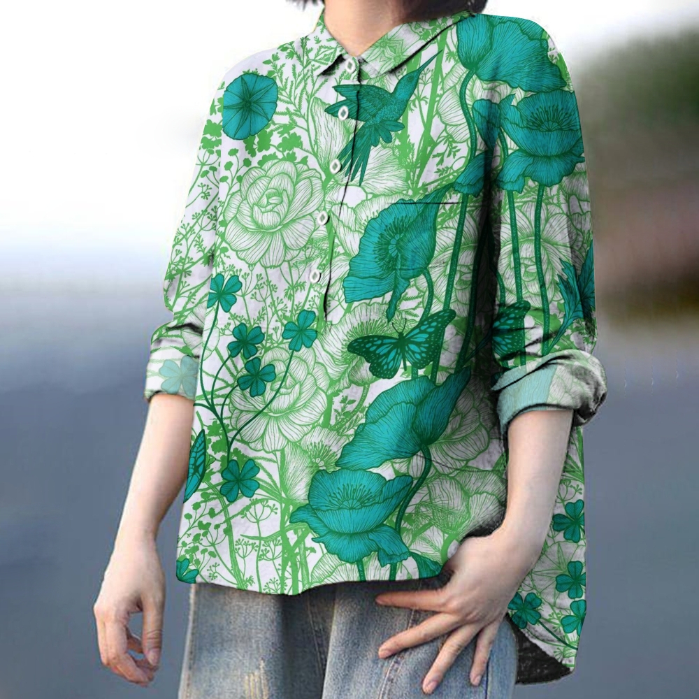 Women's Vintage Floral Butterfly Print Casual Cotton And Linen Shirt