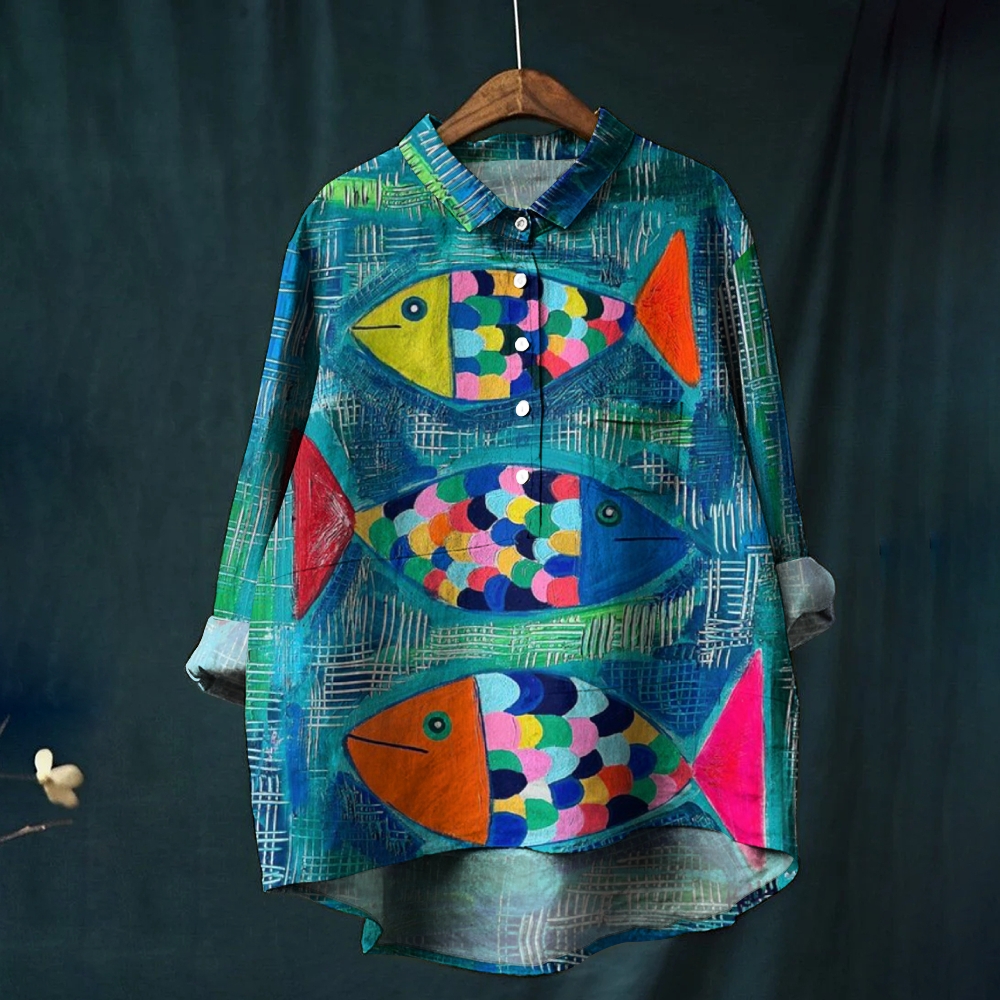 Women's Fish Print Casual Linen Shirt