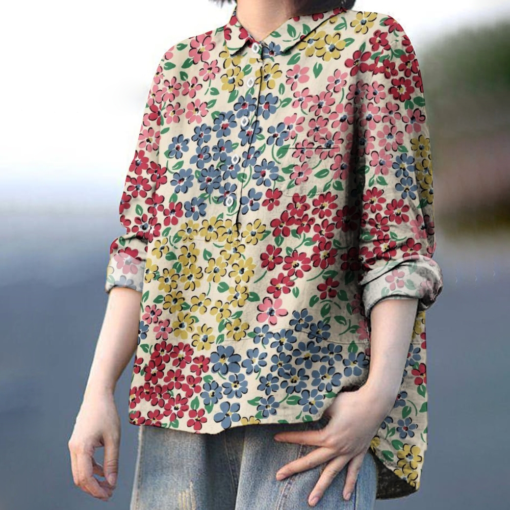 Women's Colorblock Floral Print Casual Linen Shirt