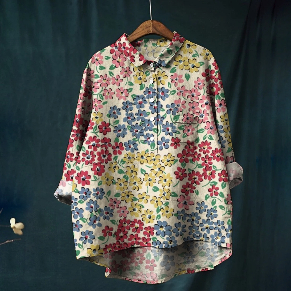 Women's Colorblock Floral Print Casual Linen Shirt