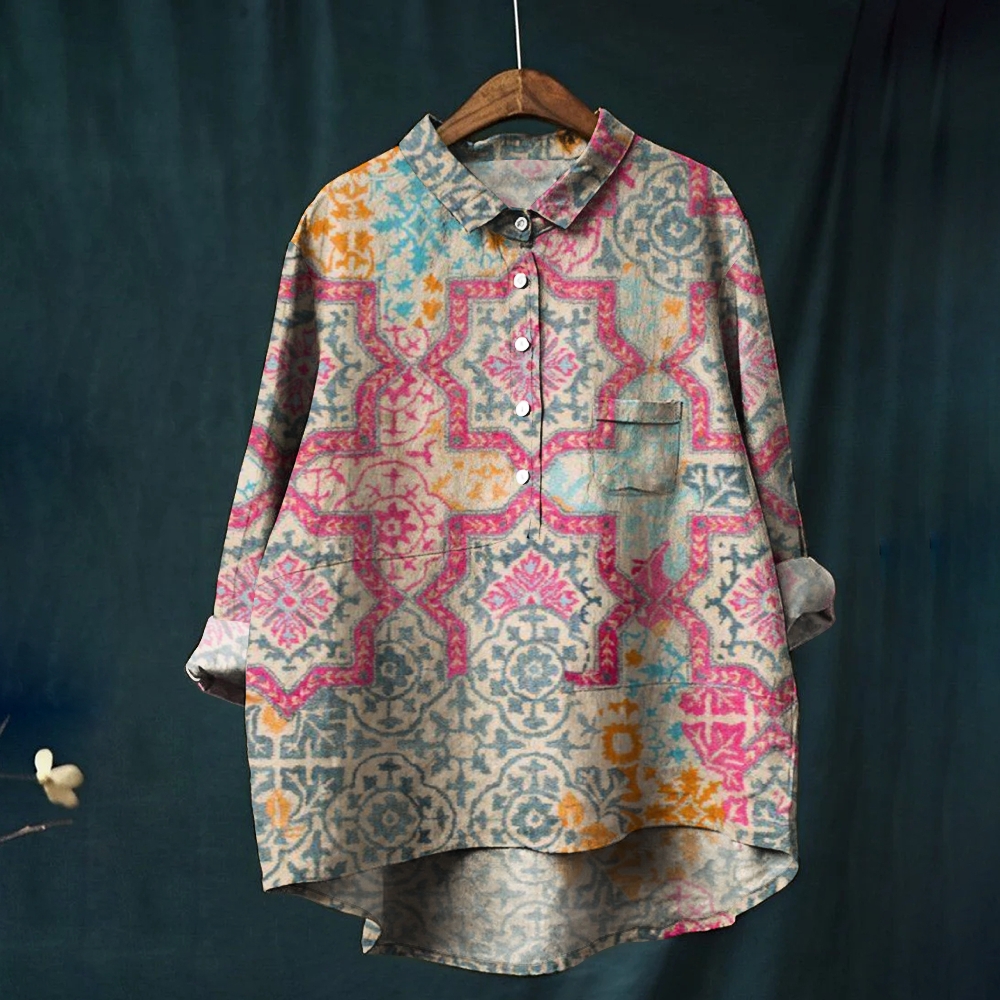 Women's Vintage Patchwork Print Casual Linen Shirt
