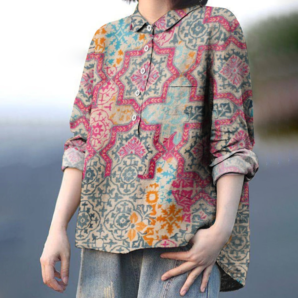 Women's Vintage Patchwork Print Casual Linen Shirt