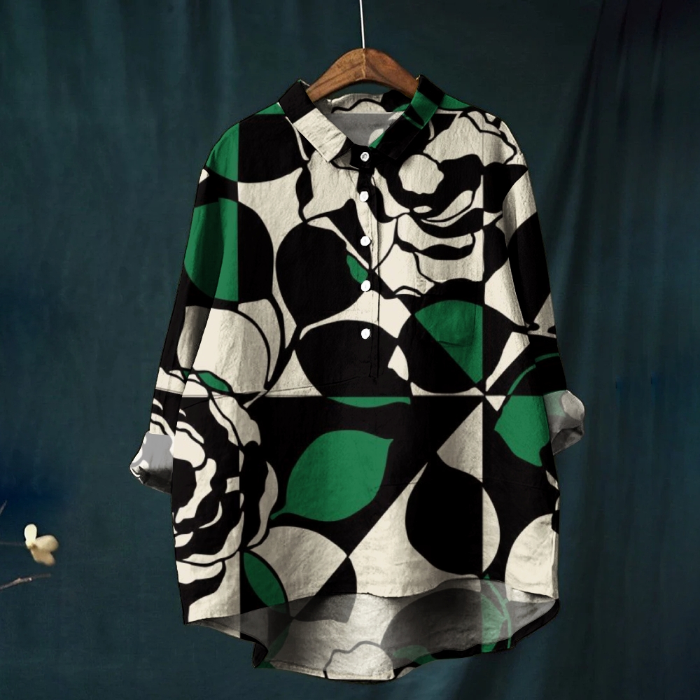 Women's Colorblock Floral Print Casual Linen Shirt