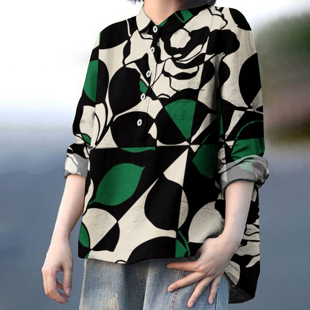Women's Colorblock Floral Print Casual Linen Shirt