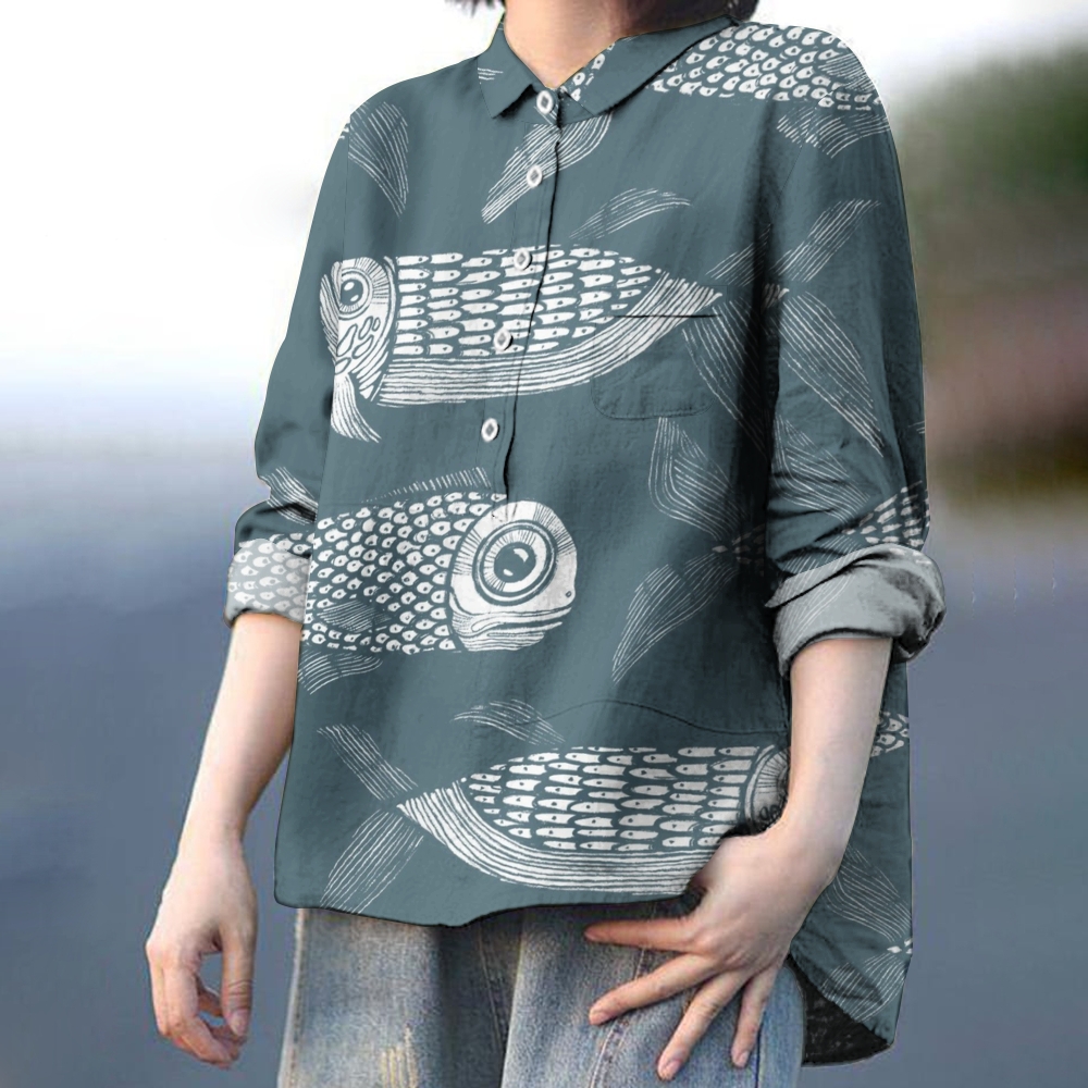 Women's Blue Fish Print Casual Cotton And Linen Dress