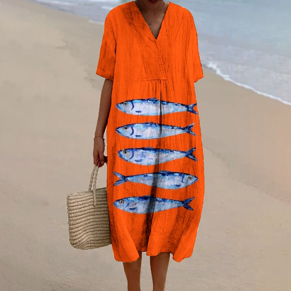 Women's Colorblock Fish Print Casual Cotton And Linen Shirt