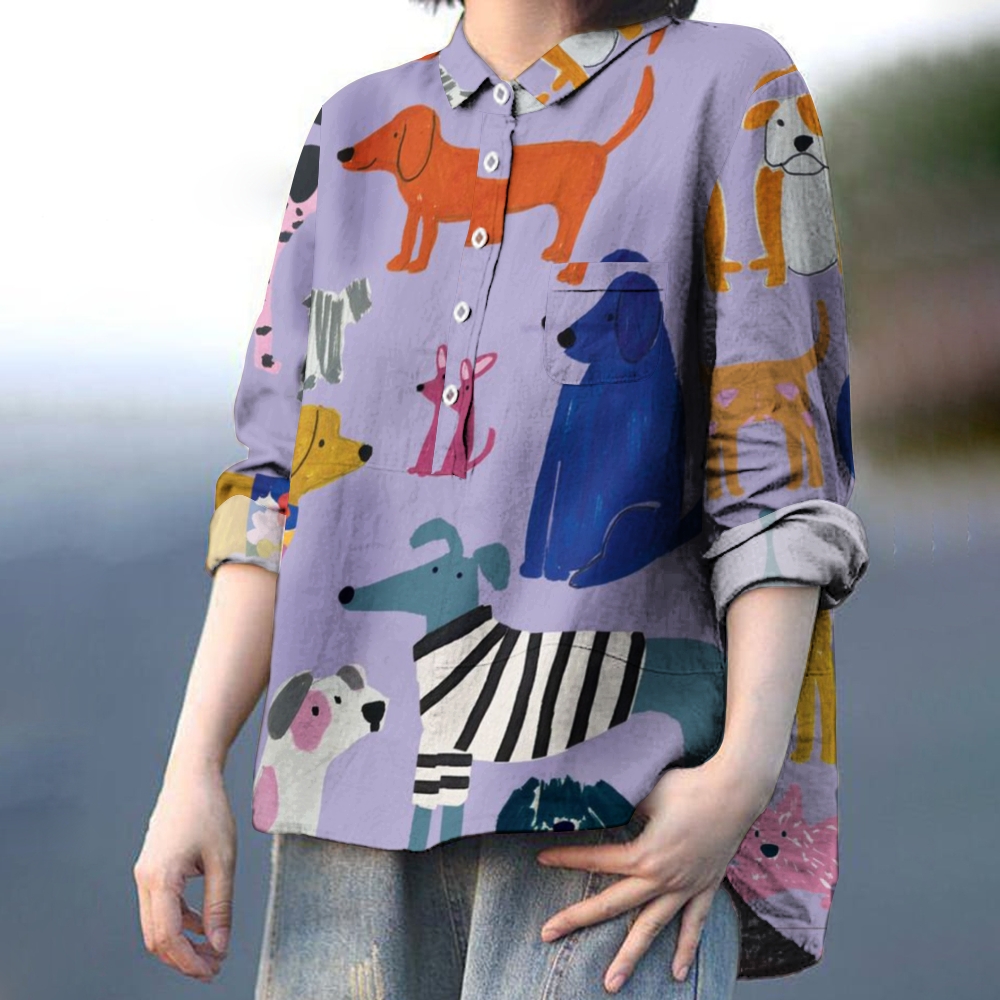 Women's Dog Print Casual Linen Shirt