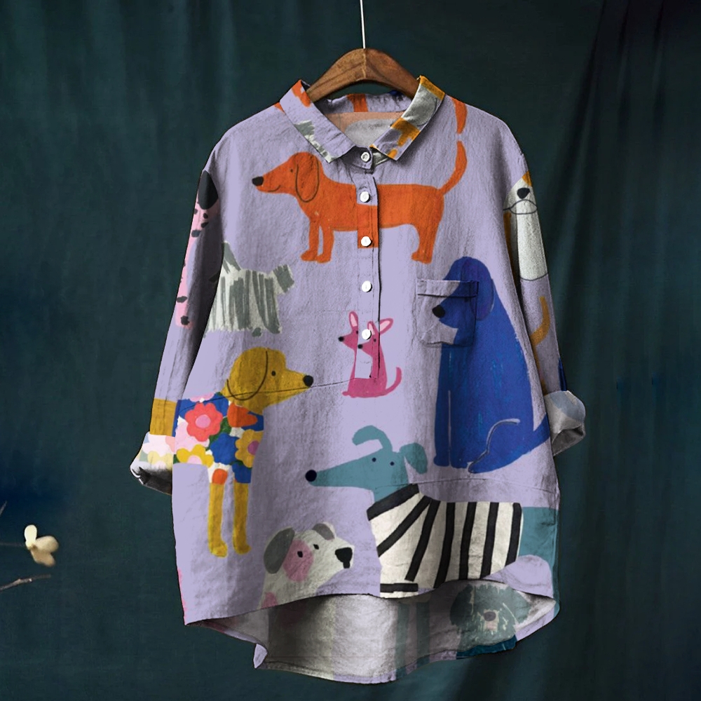 Women's Dog Print Casual Linen Shirt