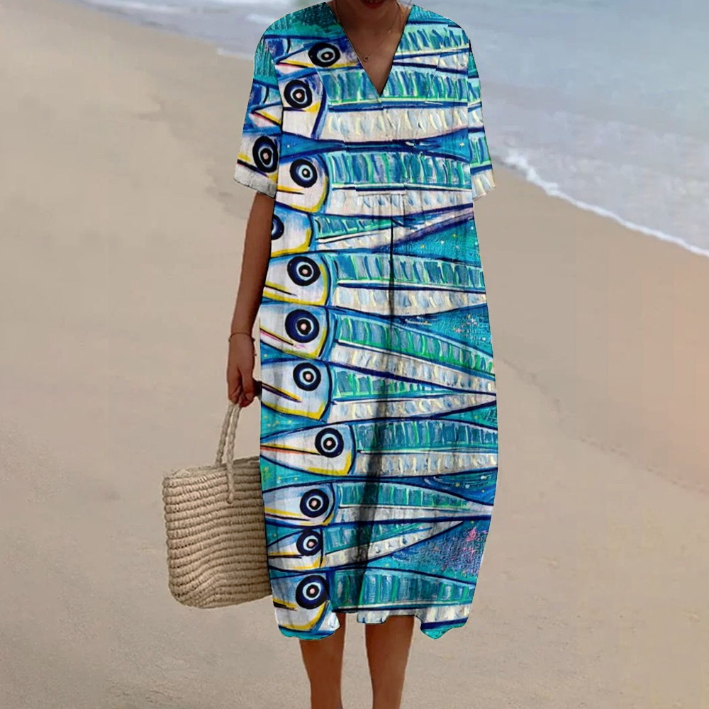Women's Fish Print Flowy Linen Dress