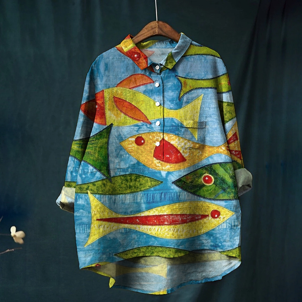 Women's Fish Print Casual Linen Shirt