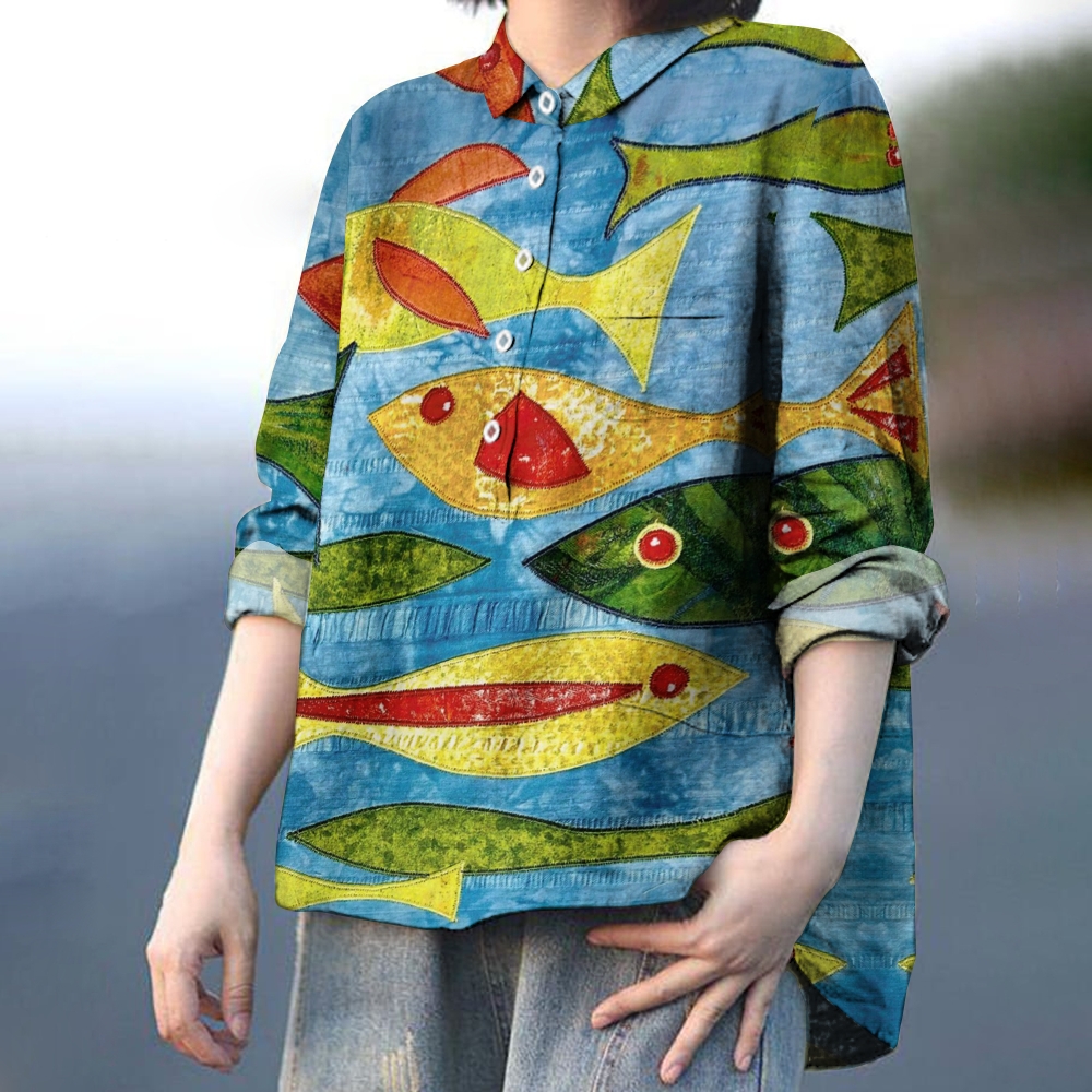 Women's Fish Print Casual Linen Shirt