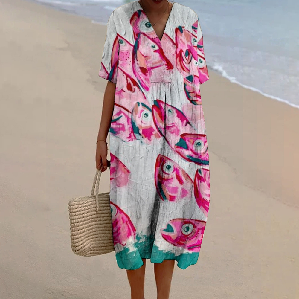 Women's Watercolor Fish Print Flowy Linen Dress
