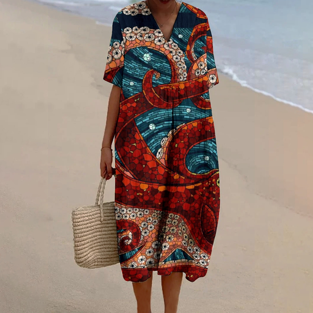 Women's Octopus Art Print Flowy Linen Dress