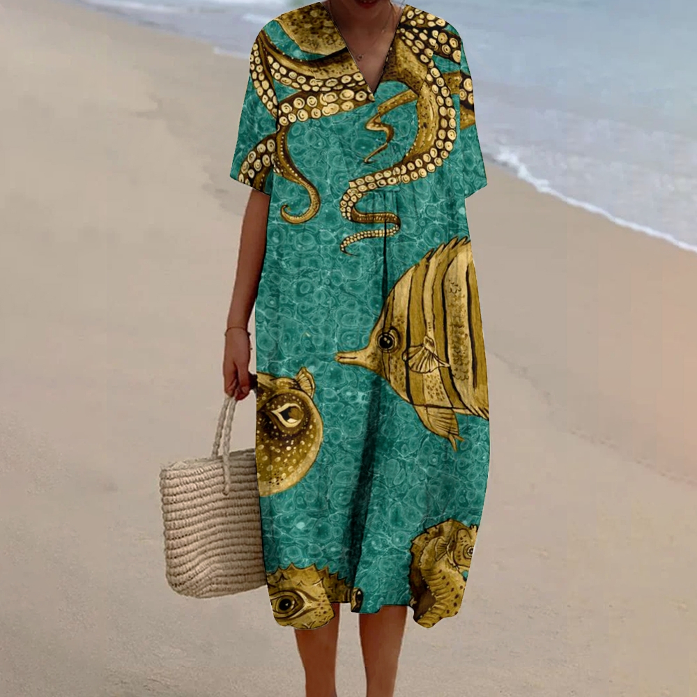 Women's V-neck Art Fish Print Linen Dress