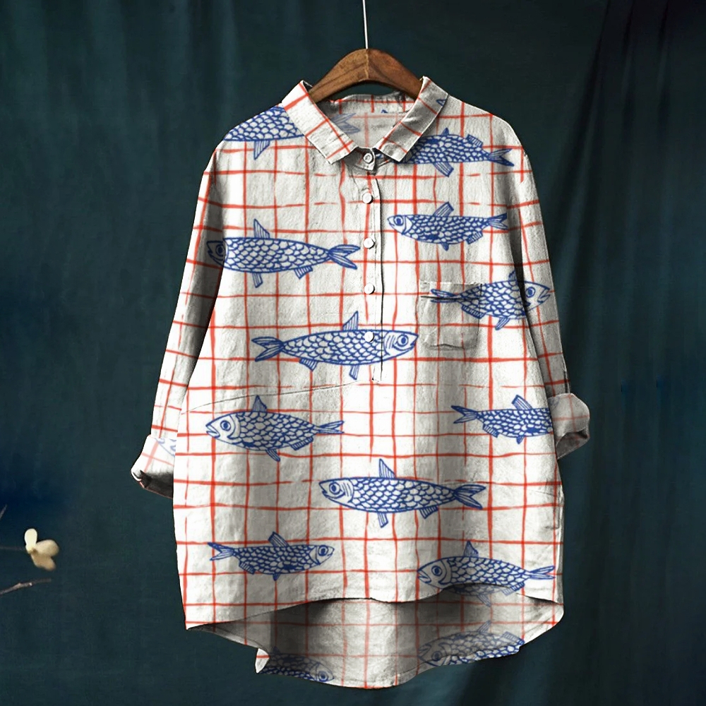 Women's Checkered Fish Line Art Print Casual Linen Shirt