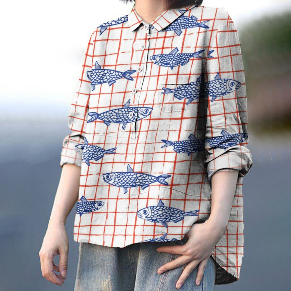 Women's Checkered Fish Line Art Print Casual Linen Shirt