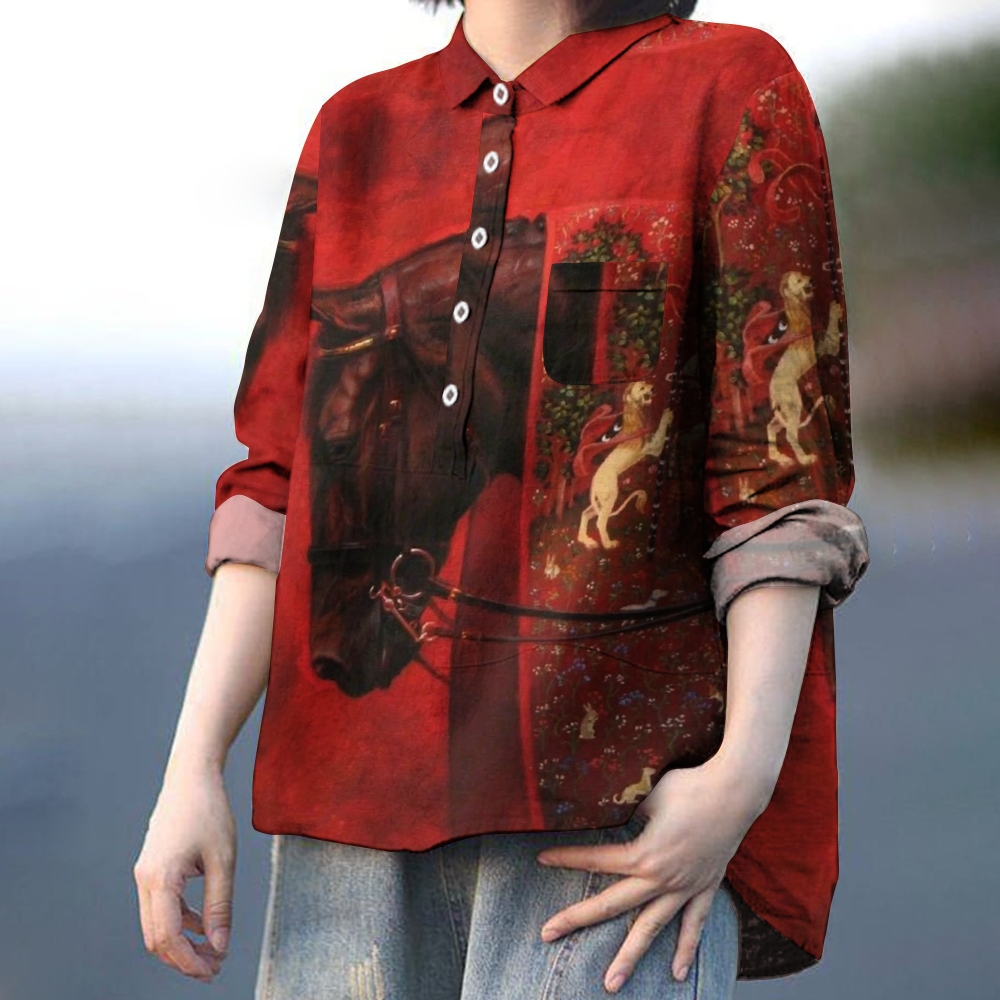 Women's Horse Art Print Casual Linen Shirt