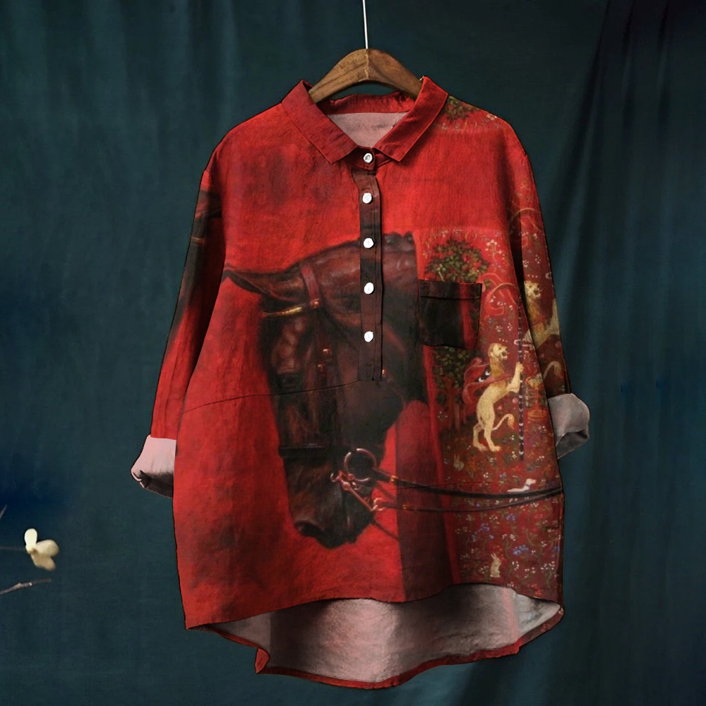 Women's Horse Art Print Casual Linen Shirt