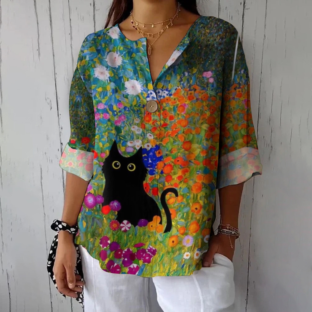 Women's Cat Floral Print Casual Shirt