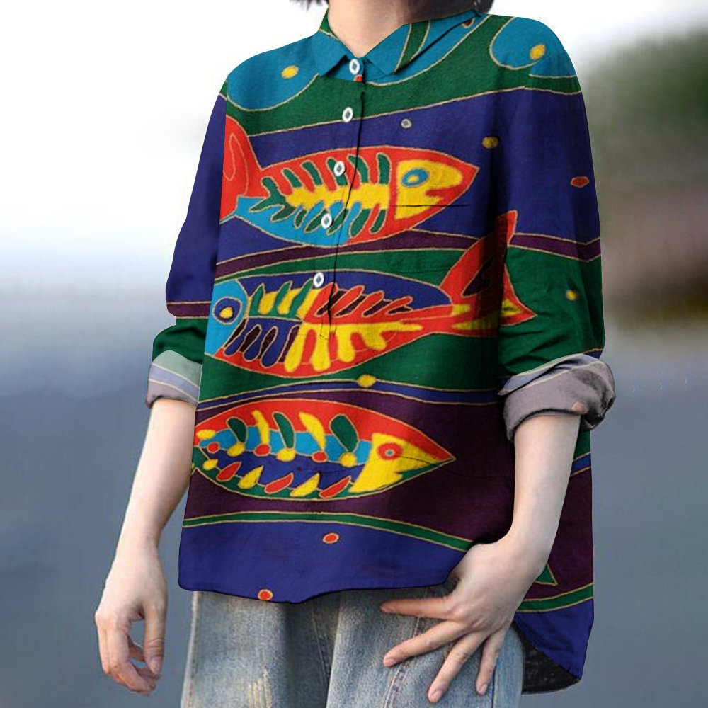 Women's Colorful Fish Print Casual Linen Shirt
