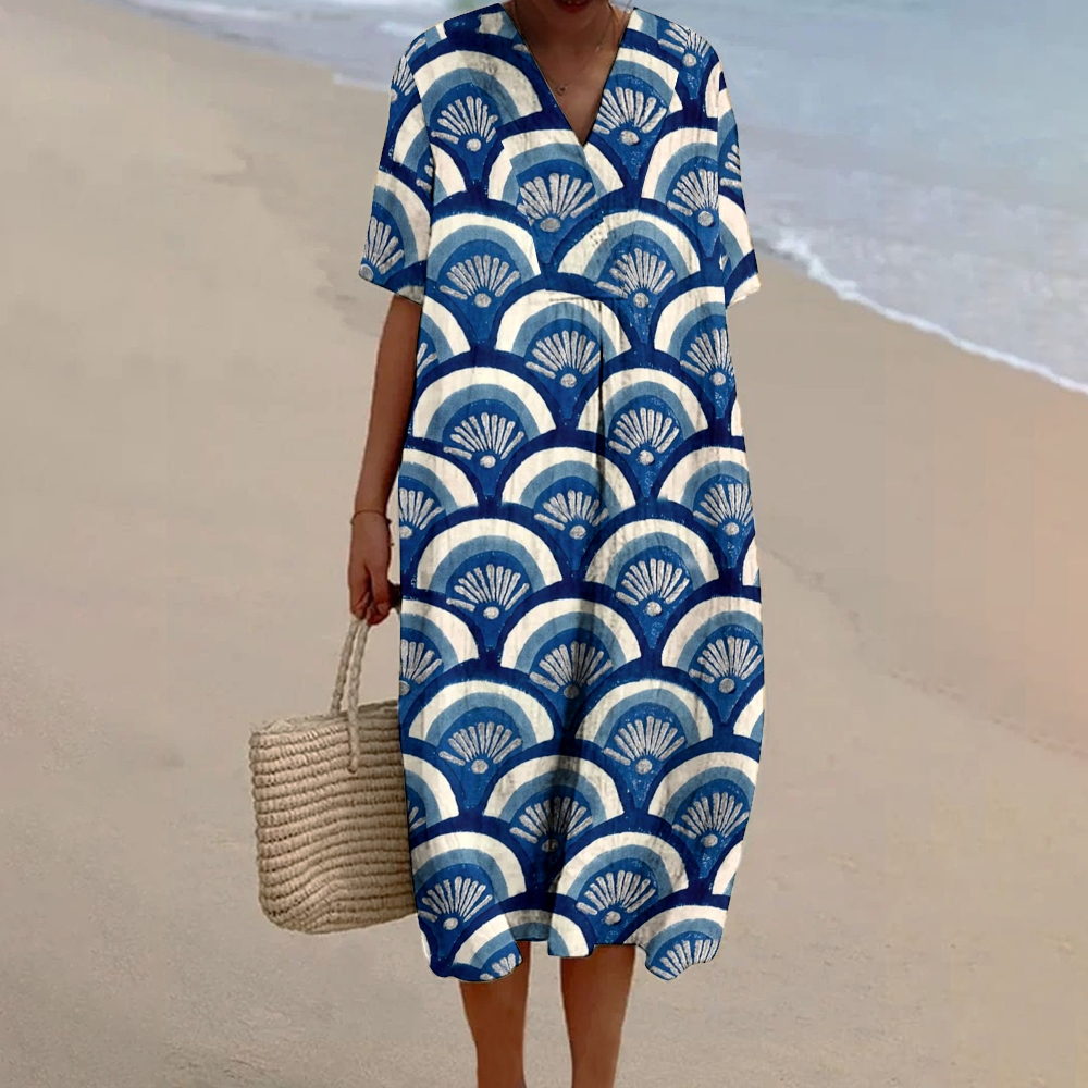 Women's Retro Geometric Colorblock Print Flowy Linen Dress
