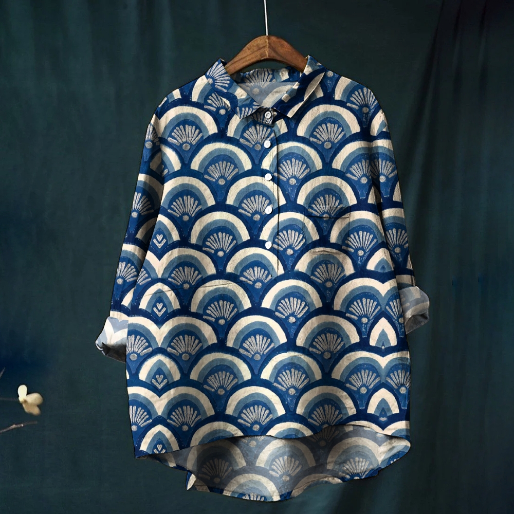 Women's Retro Geometric Colorblock Print Casual Linen Shirt