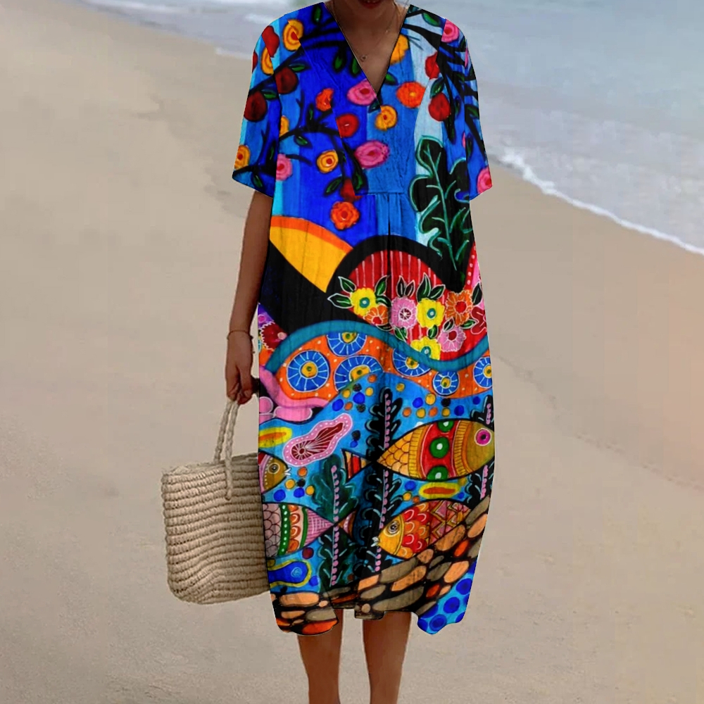 Women's Flowers And Fish Print Flowy Linen Dress