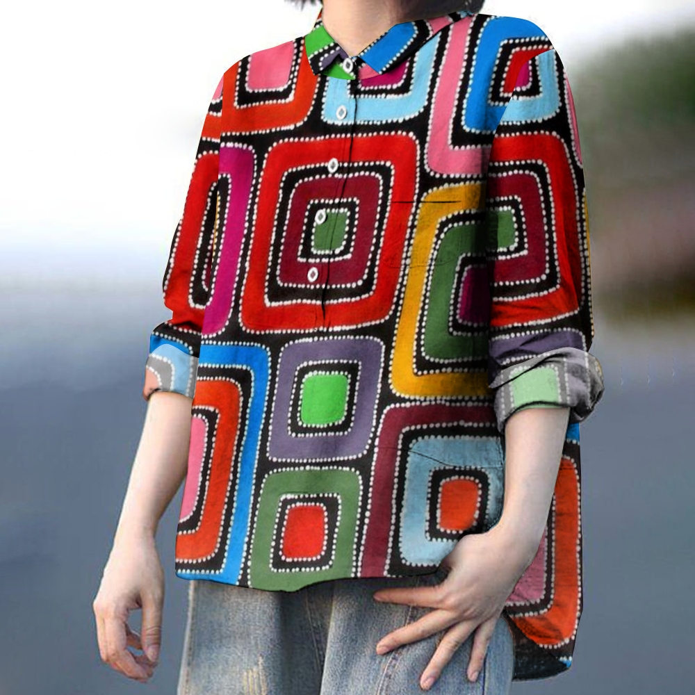 Women's Colored Squares Print Casual Linen Shirt