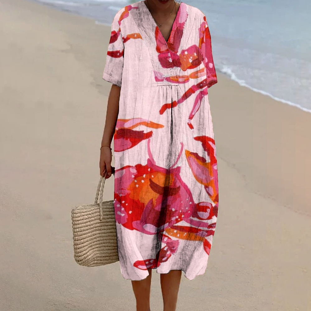Women's Crab Print Cotton Linen Dress