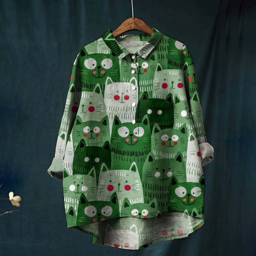 Women's Cartoon Cat Colorblock Print Casual Linen Shirt