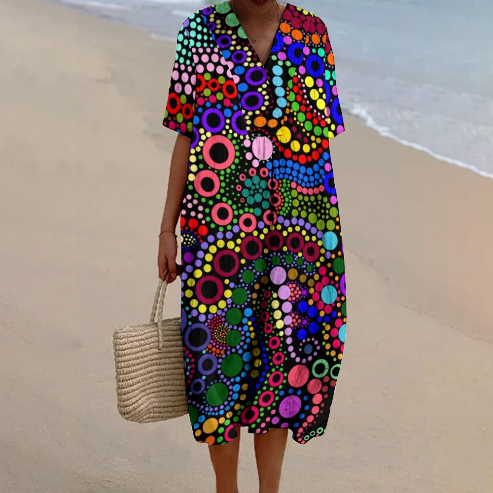 Women's Colorful Polka Dots Print Flowy Linen Dress