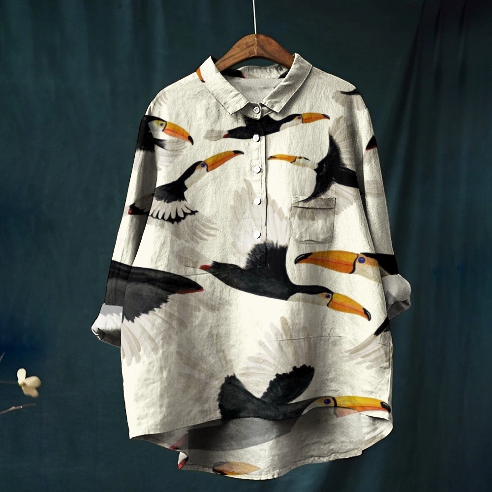 Women's Vintage Bird Print Casual Linen Shirt