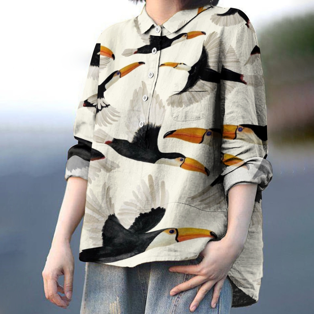 Women's Vintage Bird Print Casual Linen Shirt