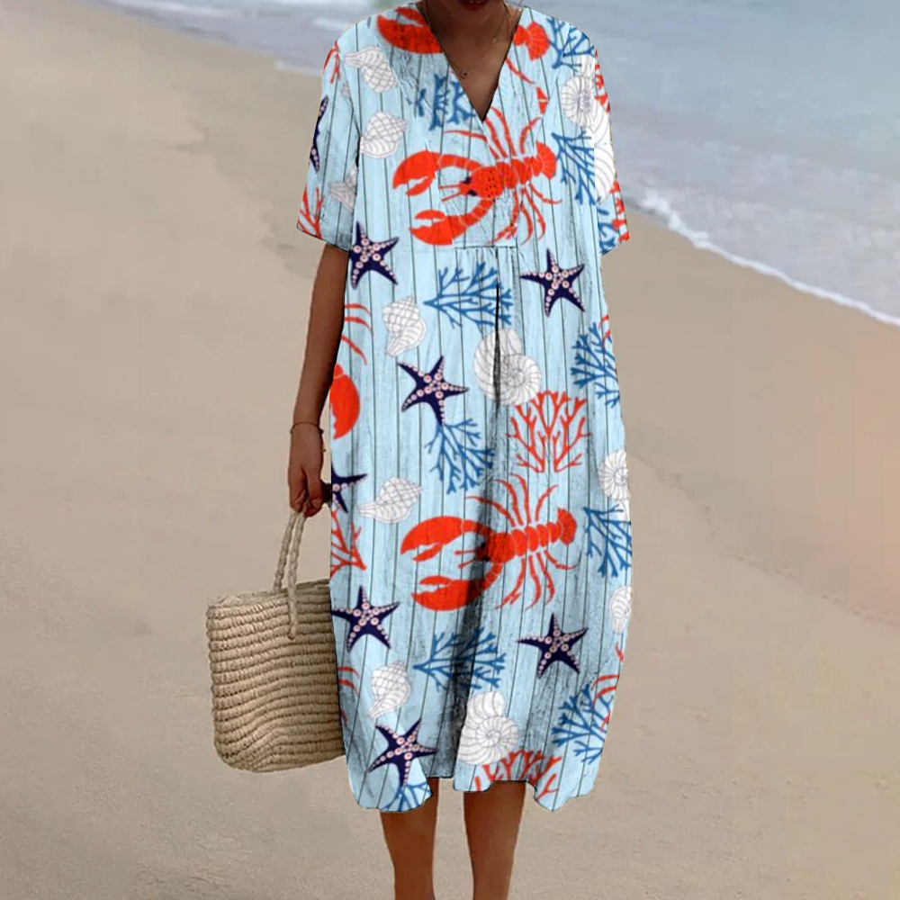 Women's V-neck Crab Print Linen Dress