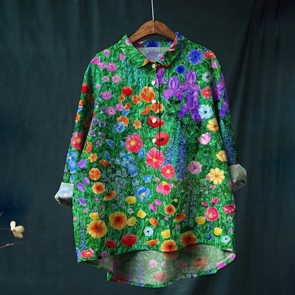 Women's Green Vintage Floral Print Casual Linen Shirt