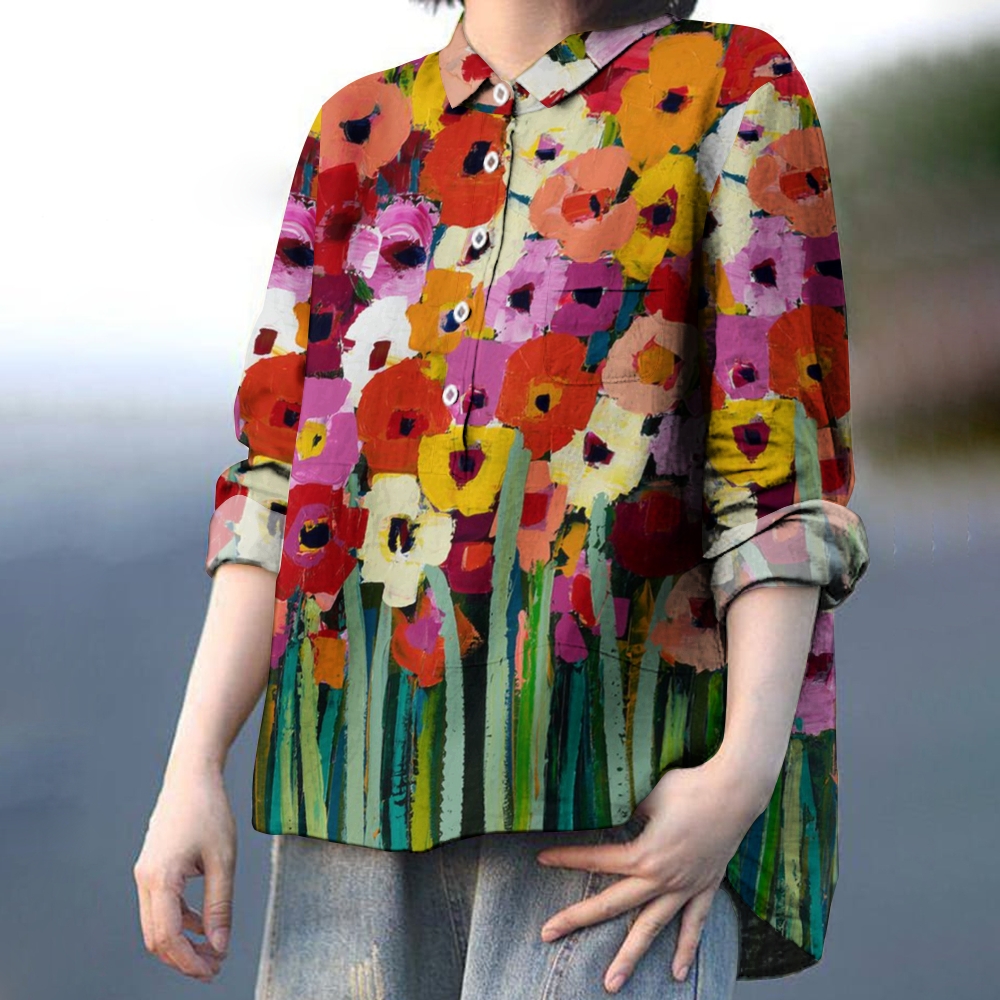 Women's Flower Colorblock Art Print Casual Linen Shirt