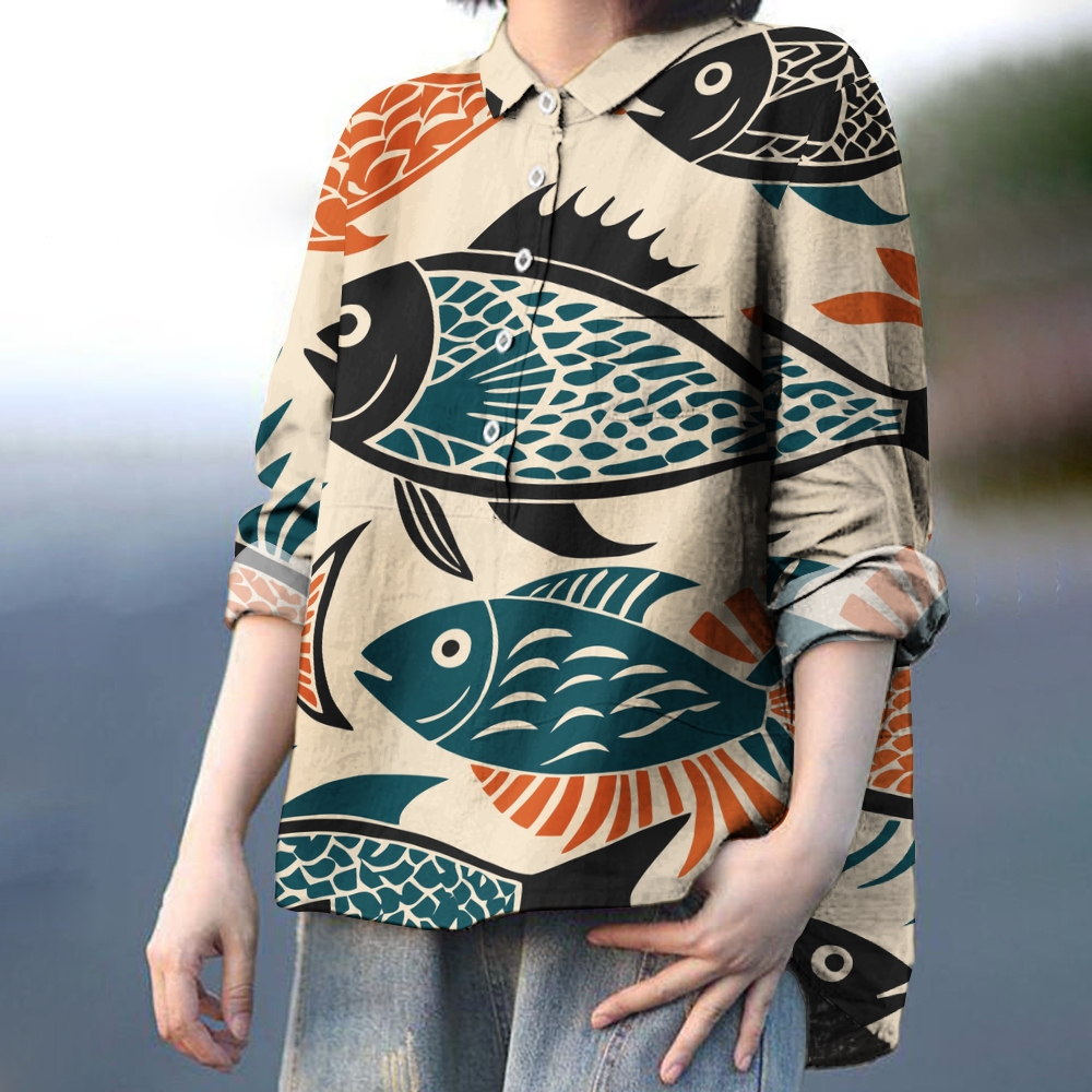Women's Cartoon Fish Colorblock Print Casual Linen Shirt