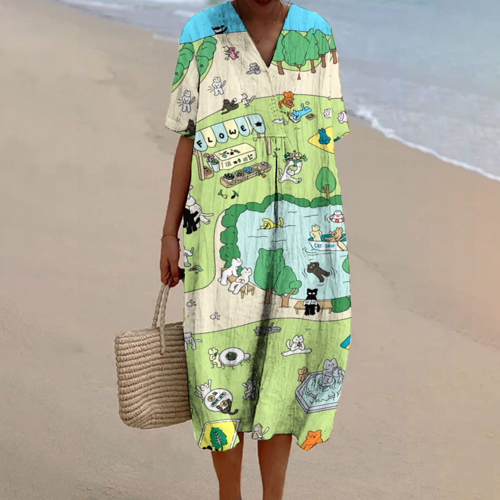 Women's Cartoon Print Flowy Linen Dress