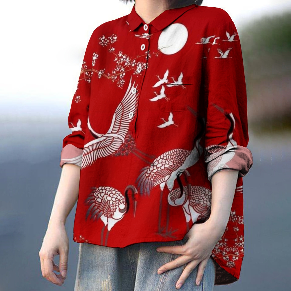 Women's Vintage Crane Art Print Casual Linen Shirt