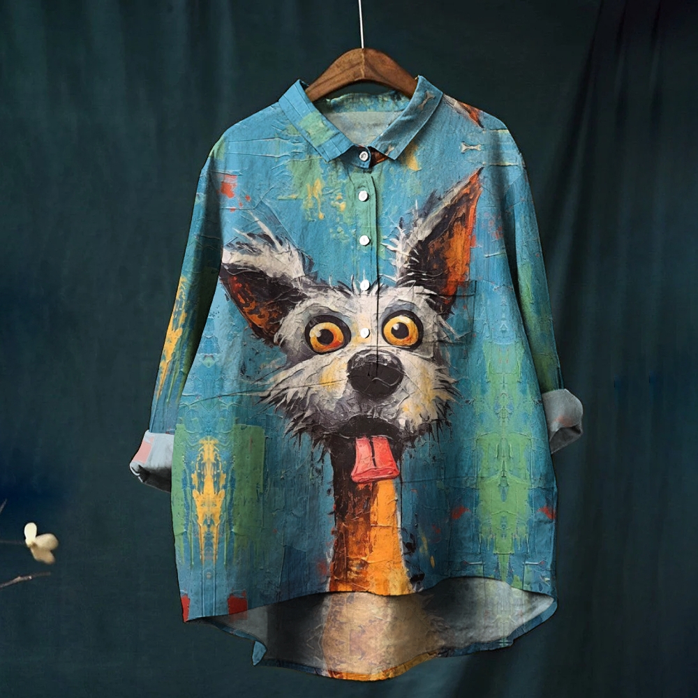 Women's Casual Dog Oil Painting Print Casual Linen Shirt