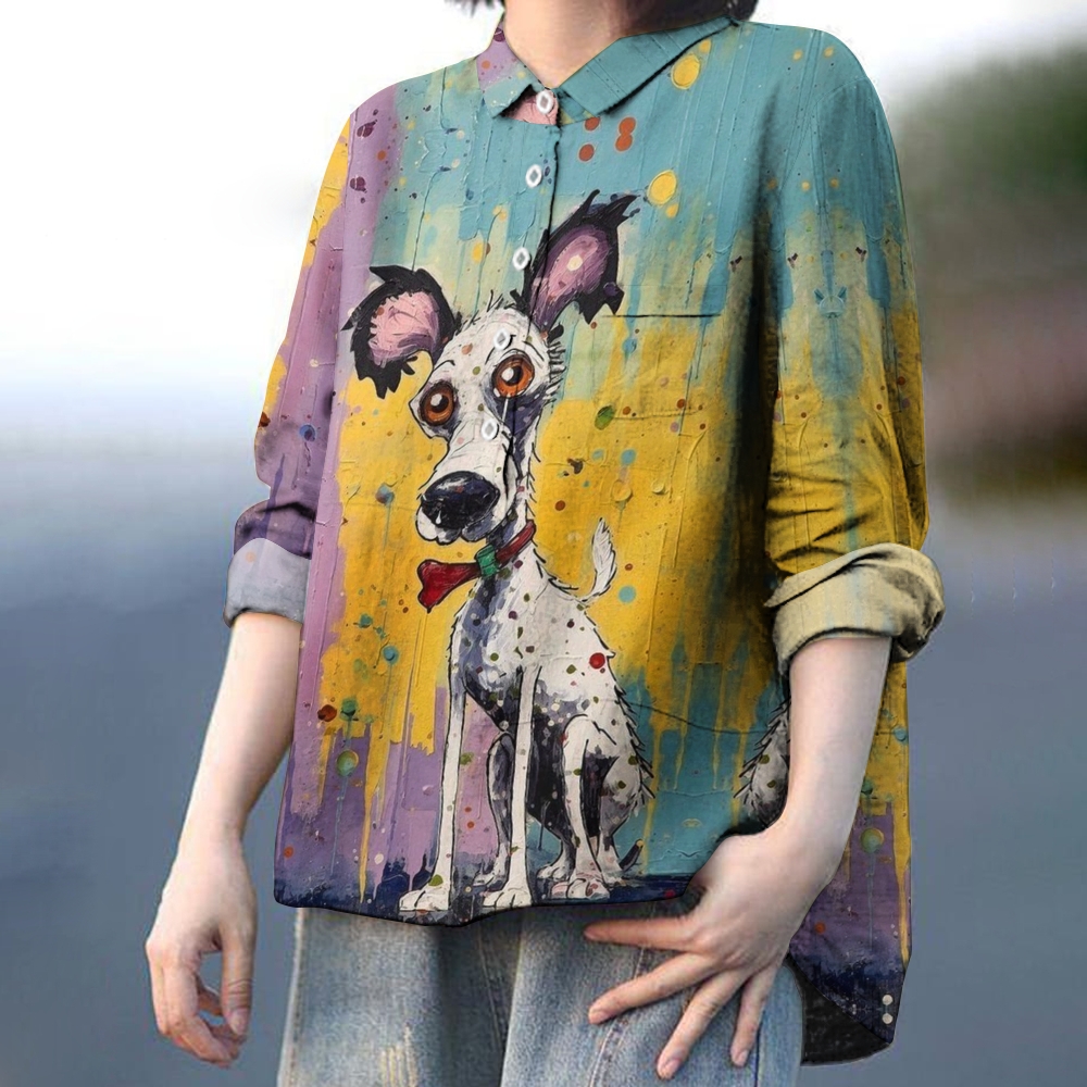 Women's Casual Dog Oil Painting Print Casual Linen Shirt