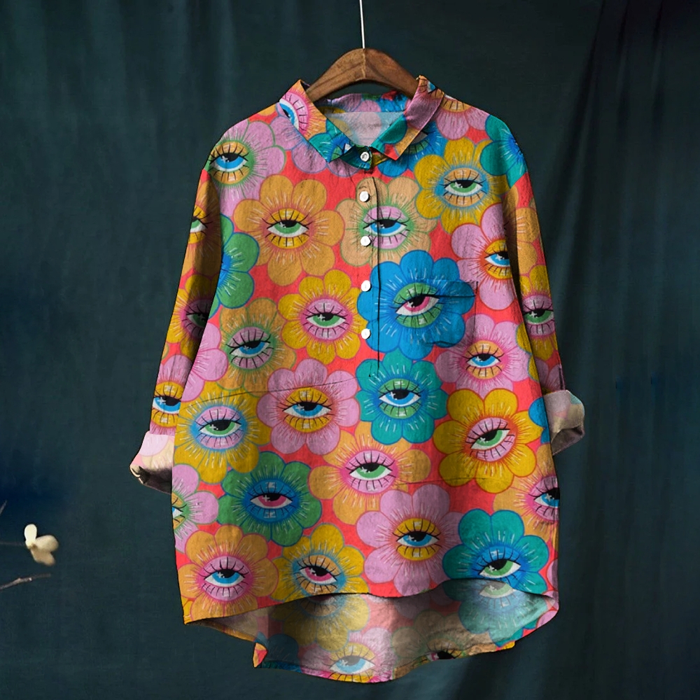 Women's Abstract Eyes Flowers Art Print Casual Linen Shirt