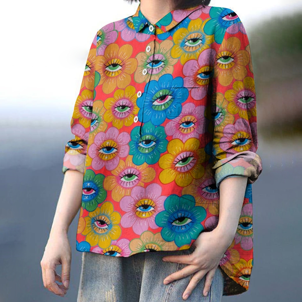 Women's Abstract Eyes Flowers Art Print Casual Linen Shirt