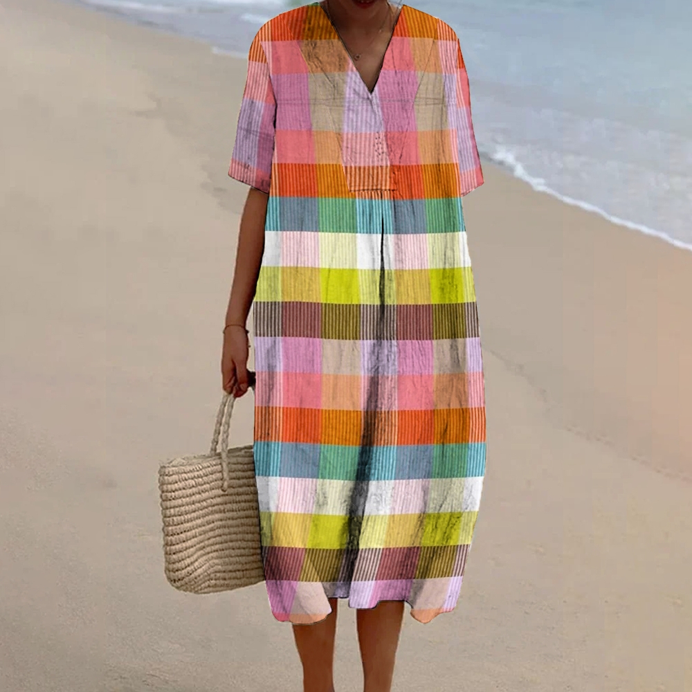 Women's Retro Plaid Print Linen Dress