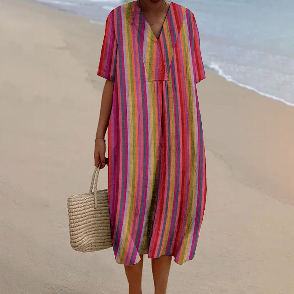 Women's Colorful Stripe Print Linen Dress