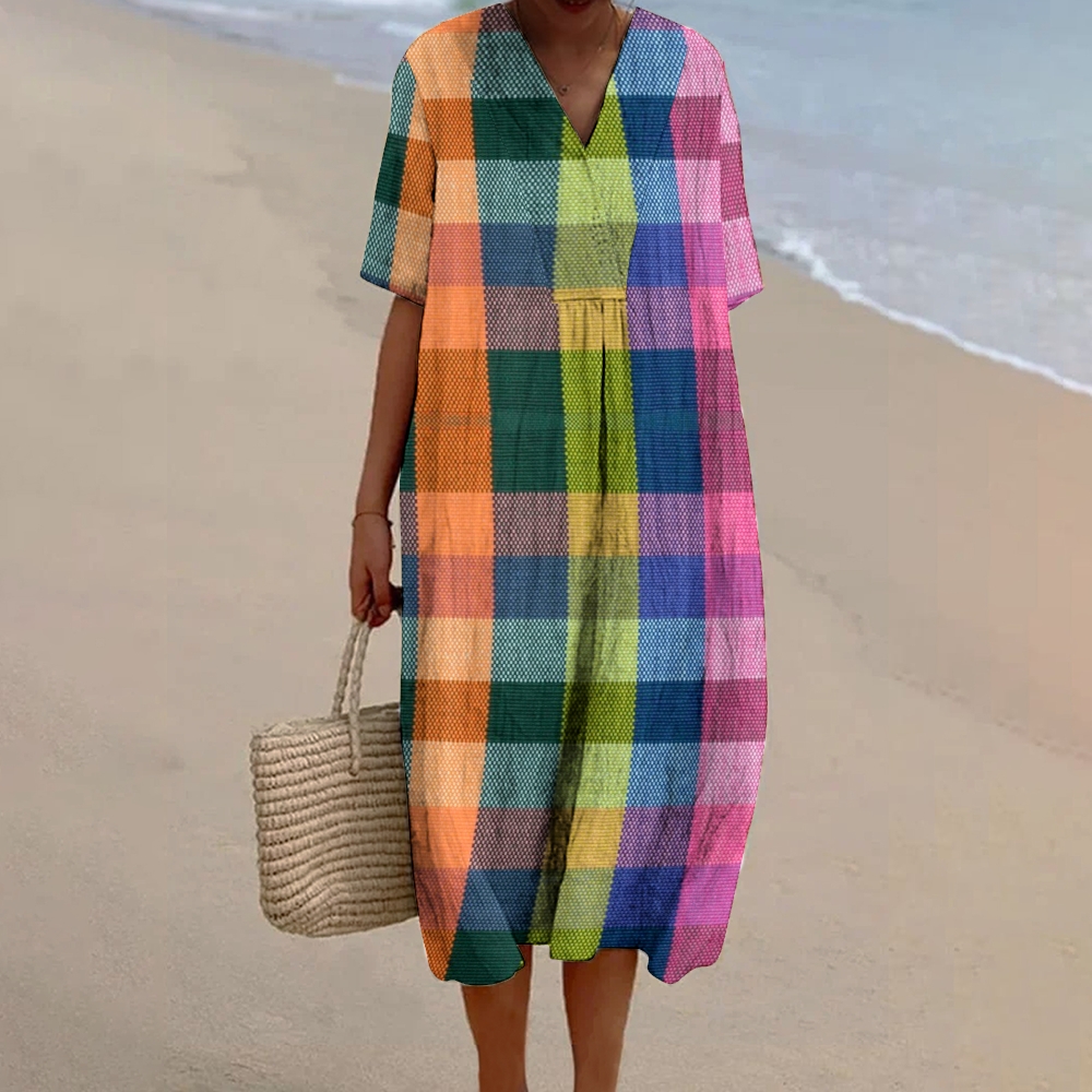 Women's Colorful Plaid Print Linen Dress