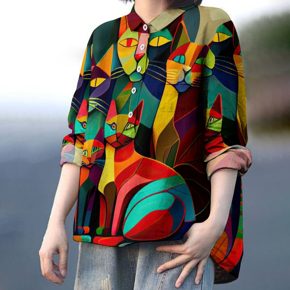 Women's Colorful Art Cat Print Casual Linen Shirt
