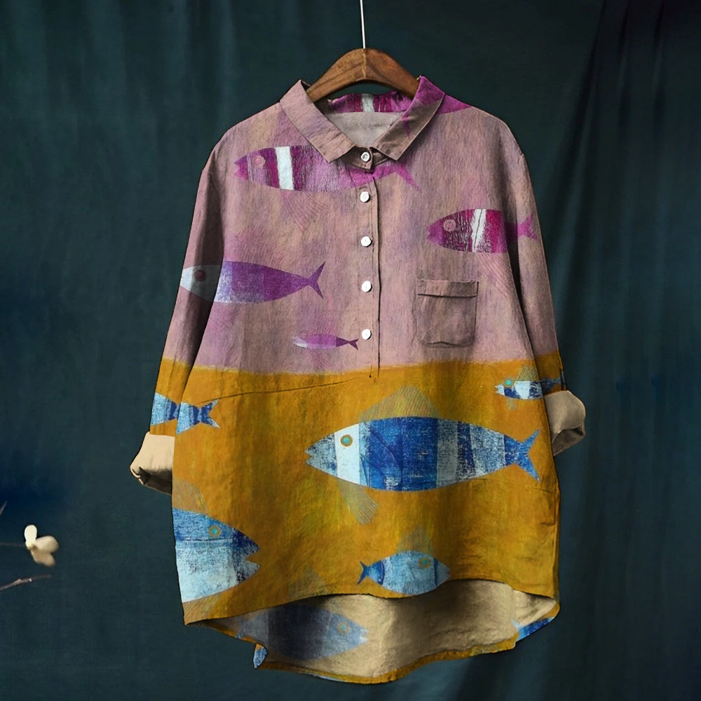 Women's Art Fish Print Casual Linen Shirt